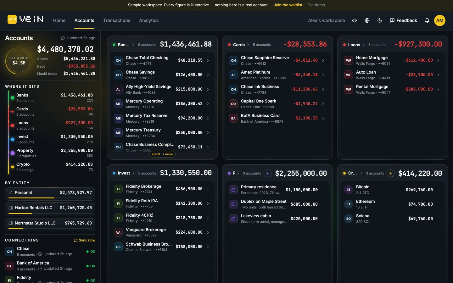 VEIN Accounts, sample workspace: every account, grouped by what it is